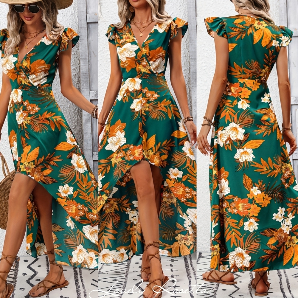 Green Printed High-Low Maxi Dress